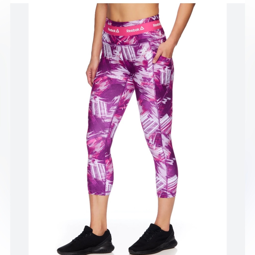 REEBOK Pink & Purple Revolve High Rise Athletic Capri Legging Pants M NWOT